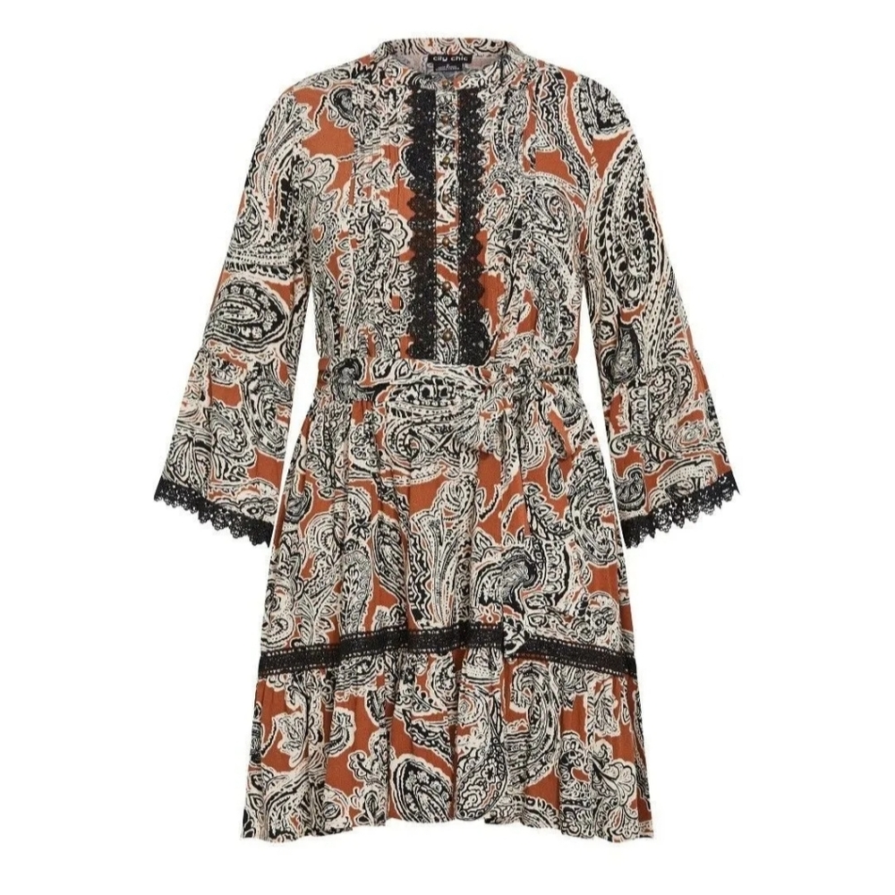 Rust Paisley Lace-Trim Long Sleeve Dress